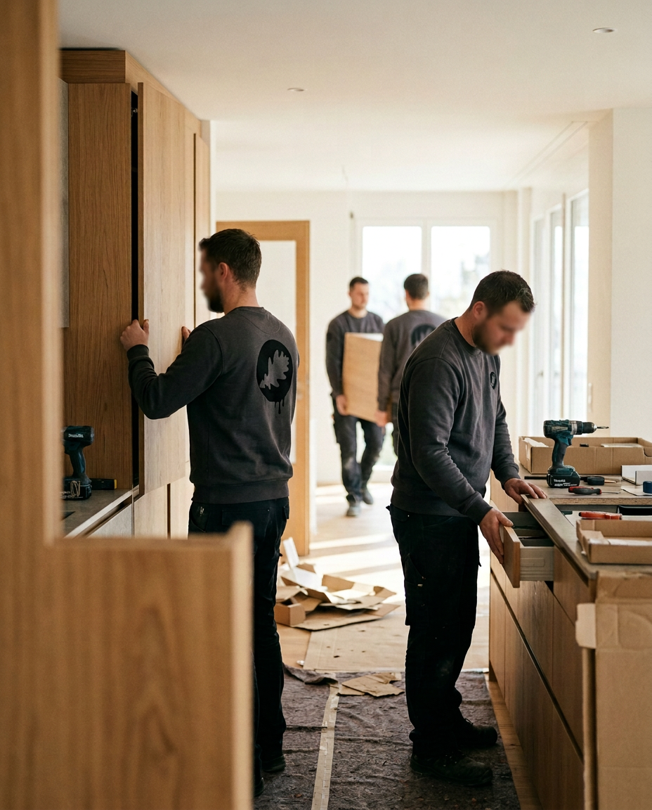 Das SOLIDMADE Team montiert eine hochwertige Küche in einer hellen Zürcher Wohnung